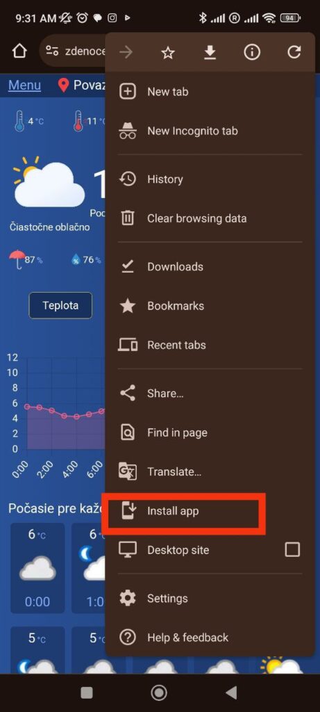 Installing pocasie PWA step 2